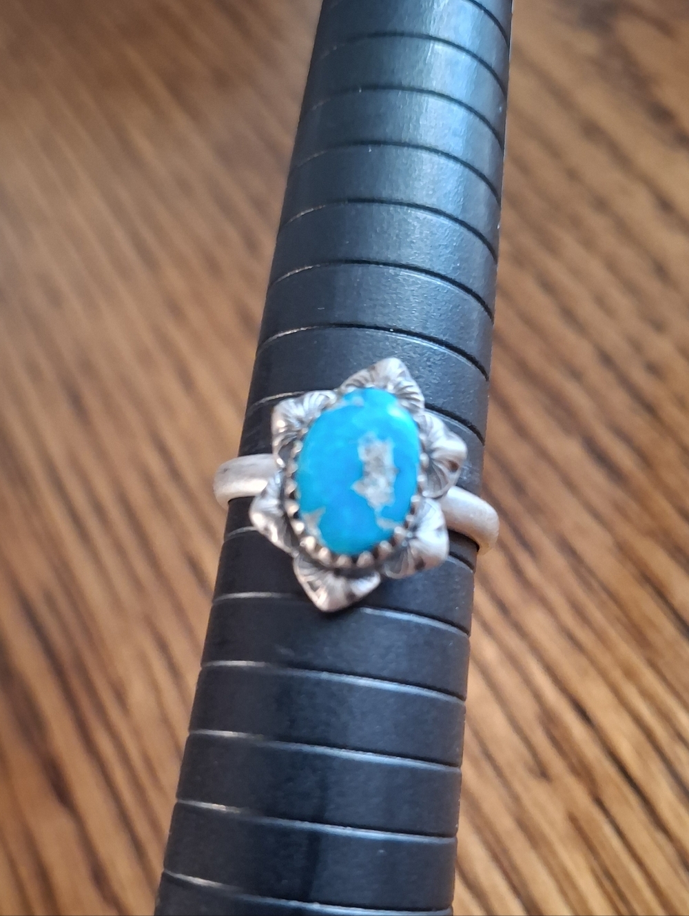 Ring Turquoise Natural Stone and Sterling Silver Framing And Band Size 7.5
